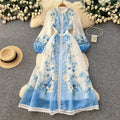 French retro floral print dress - women's early spring long sleeve slim fit a-line maxi dress - romantic vacation style elegant dress