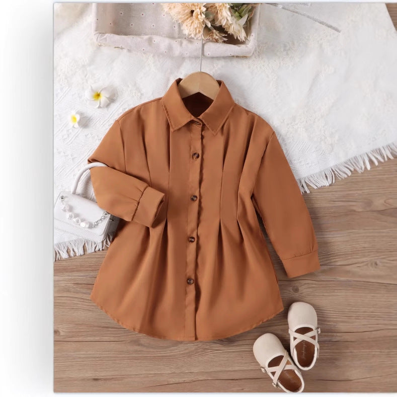 Factory direct spring new arrival: fitted pleated long-sleeve shirt dress - commute-ready solid color mini dress