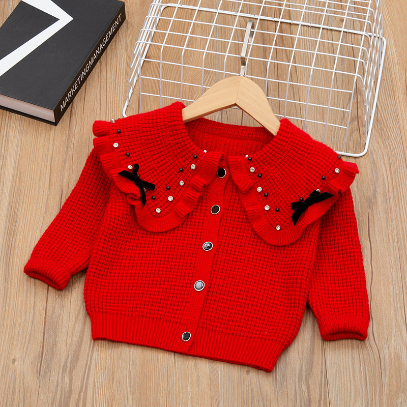Sweatertwo-piece set5girlswearknittingsuit skirt baby girl lapel pearl cardiganoutwearlong sleevesk-style children's clothing