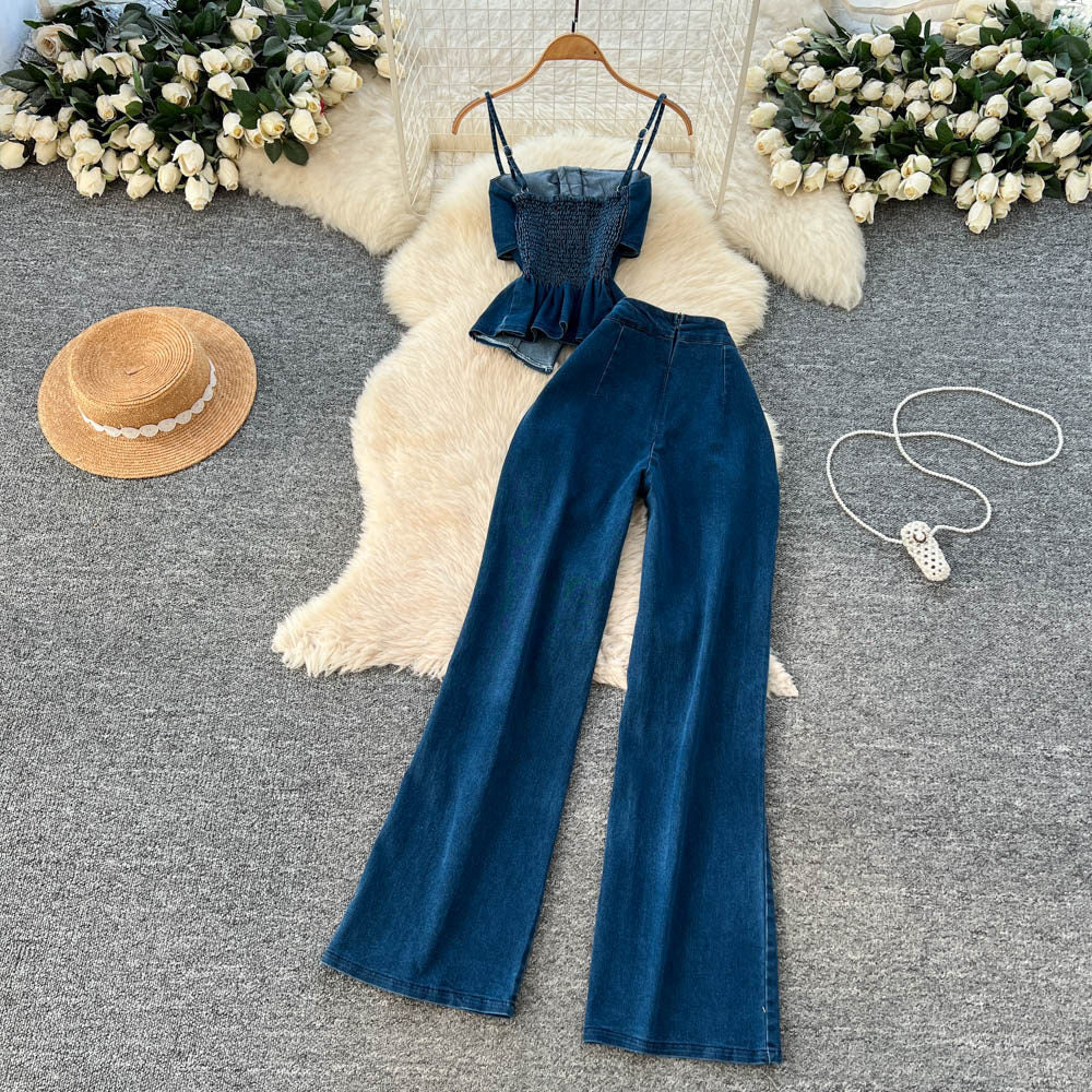 Cowgirl-chic cami and tube top two-piece set for women, featuring a high-waisted, slimming wide-leg pants outfit perfect for spring and summer
