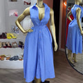 European and american cross-border women's fashion:  autumn new arrival - elegant sleeveless blue striped tie-waist shirt dress