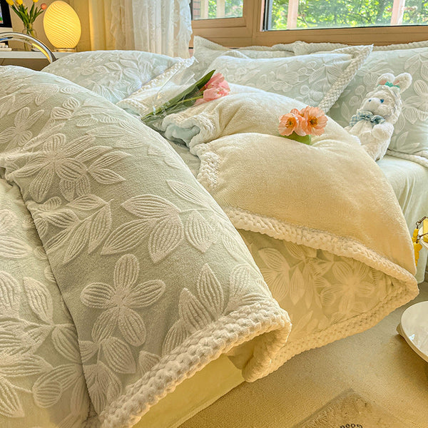 Thickened carved milk fleece four-piece winter coral fleece bed sheet quilt cover flannel bed three-piece quilt cover
