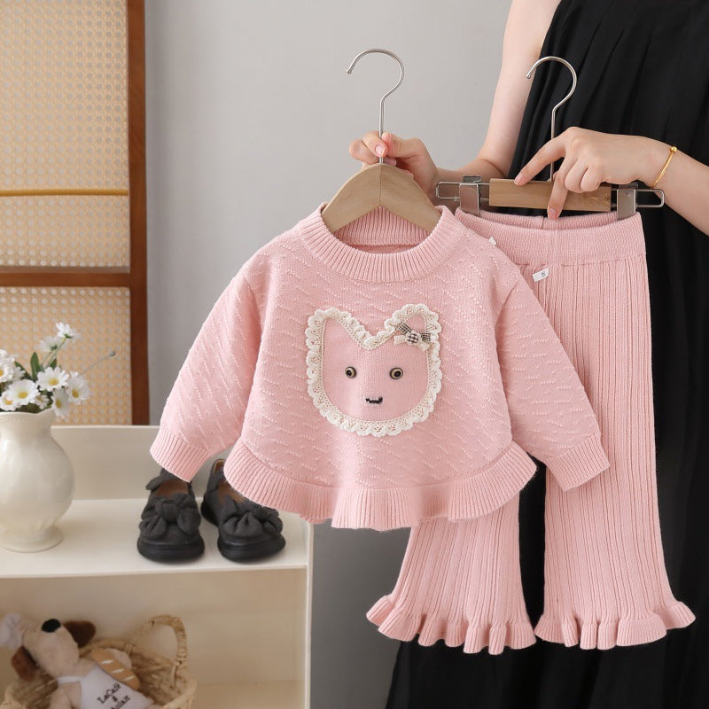 Girls' knit sweater and pants set - new autumn  collection: cute cartoon crewneck two-piece outfit for little girls