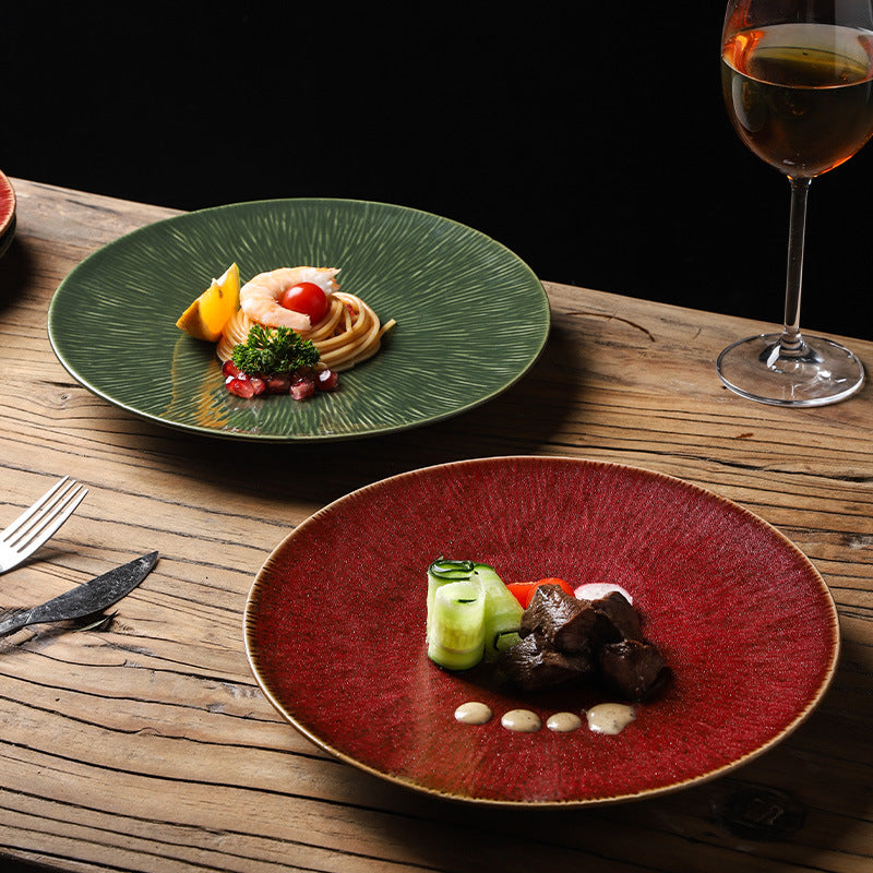 Kiln-turned japanese retro ceramic plate restaurant hotel classystylish western food plate steak plate ceramic shallow round plate