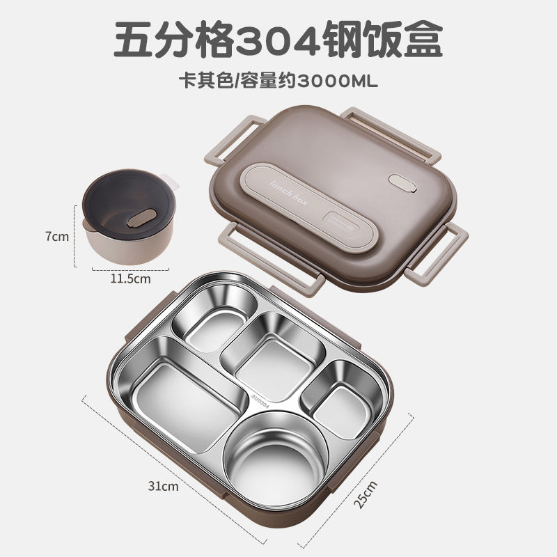 304 stainless steel lunch box office workers portable with rice box canteen with lid with tableware soup bowl grid lunch box