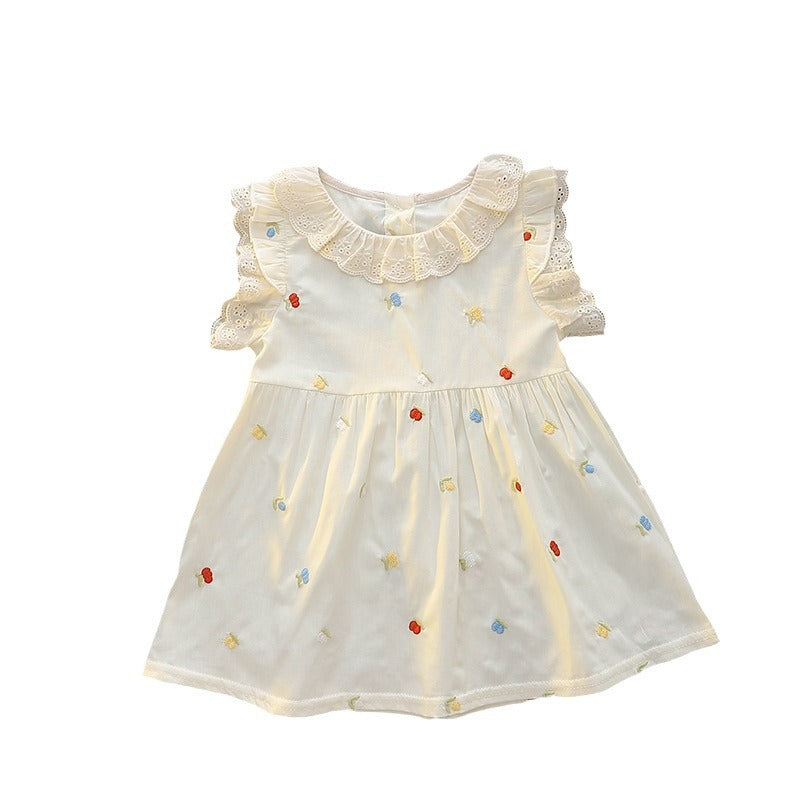 Girls' lace-neck tank dress - summer baby embroidered floral dress - girls' round neck princess dress - summer outfit - little fly