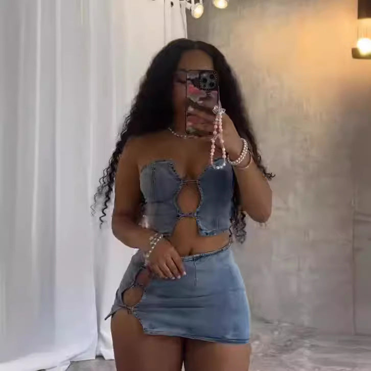 European and american cross-border women's fashion:  summer new arrivals - sexy tie-up bandeau top with slit mini skirt