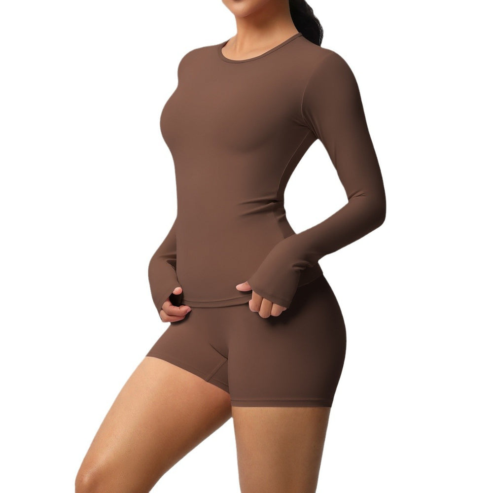 New arrival cross-border pure color double-sided brushed tight long yoga suit sports running fitness suit two-piece set for women