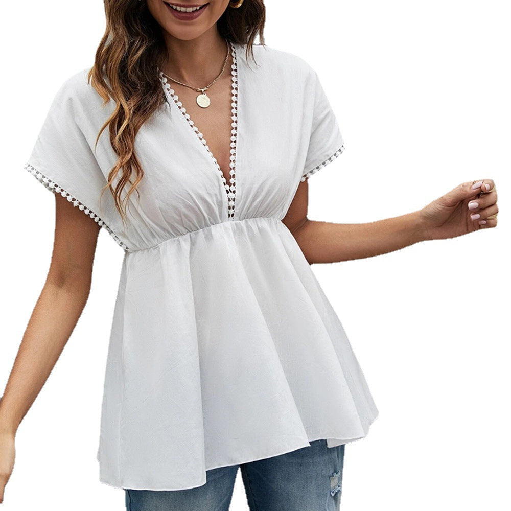European and American  sweet wind V-neck bat sleeve loose temperament T-shirt spring new pullover solid color short-sleeved top women