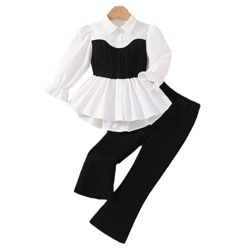 Exportgirlsuit laceknittingvestpatchworkshirt tweed stylelong sleevestopsknitting pants children's two-piece set