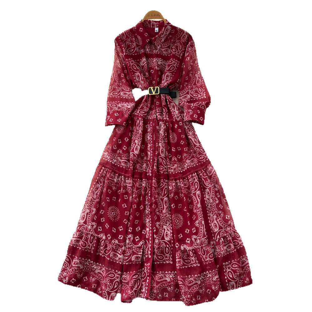 French retro fashion printed long sleeve single-breasted tie-waist dress - women's autumn  high-end maxi dress