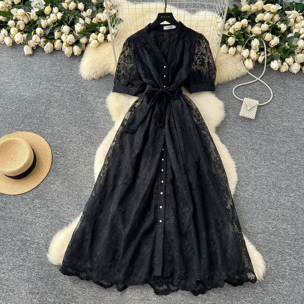 French chic high-end women's dress - 2025 summer fashion: tie-waist, single-breasted, embroidered mesh maxi dress