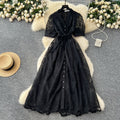 French chic high-end women's dress - 2025 summer fashion: tie-waist, single-breasted, embroidered mesh maxi dress
