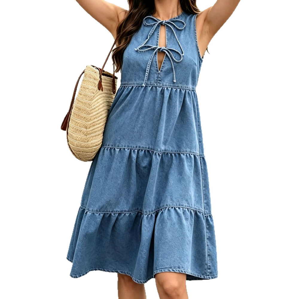 european and american summer new style bowknot sleeveless denim dress - women's european and american fashion trendy ruched mini dress
