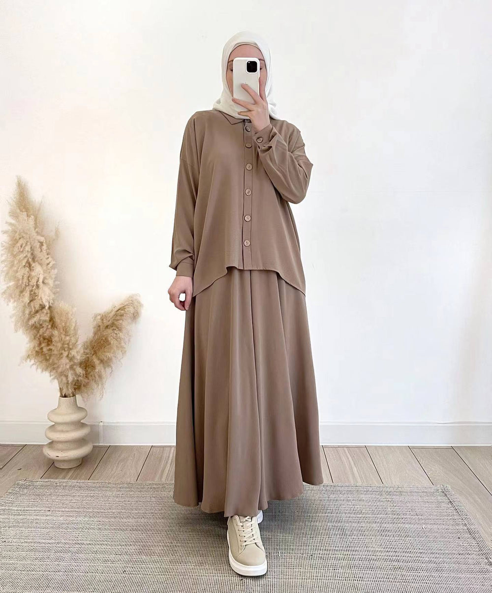 spring cross-border women's clothing set: relaxed fit long sleeve shirt and midi skirt - comfortable commute style