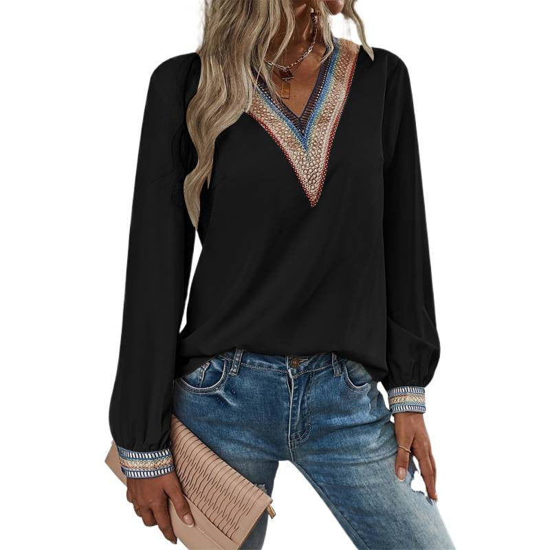 women's v-neck embroidered trim blouse - long sleeve bohemian lace detail casual top for everyday wear and vacation