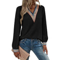 women's v-neck embroidered trim blouse - long sleeve bohemian lace detail casual top for everyday wear and vacation