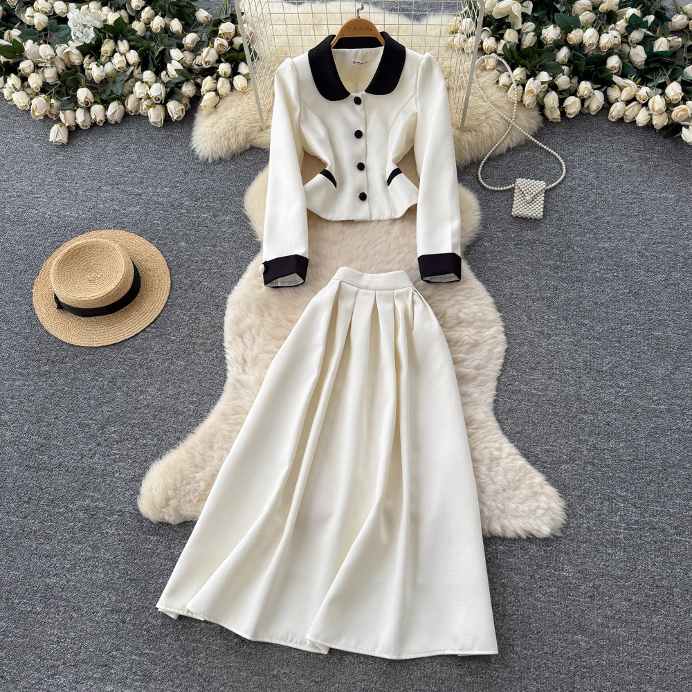 Xiaoxiangfengtwo-piece setfemalefall and winterfrenchfashioncontrast color doll collar long sleevestops+high waist skirt