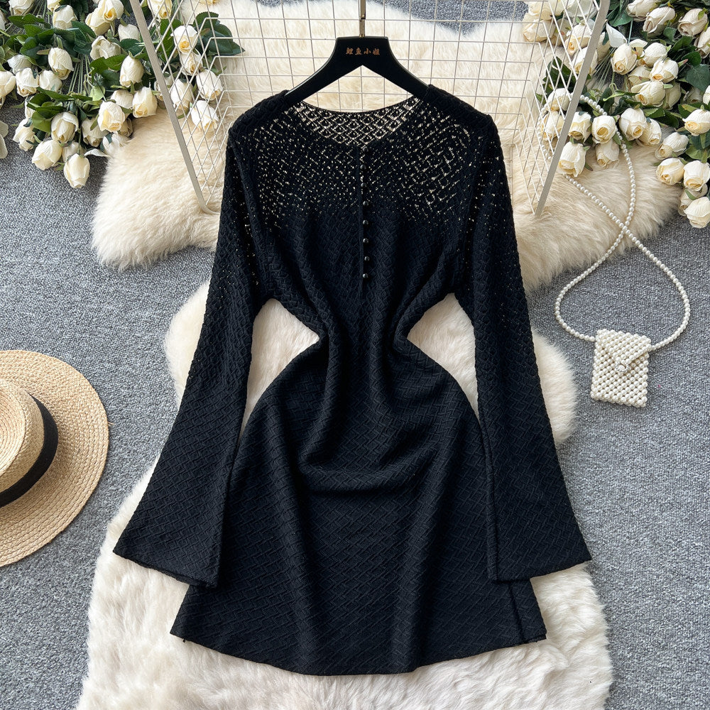 Korean style hollow-out knit crew neck dress - women's spring/summer long sleeve a-line dress - slim fit, commute-friendly, soft & elegant