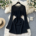 Korean style hollow-out knit crew neck dress - women's spring/summer long sleeve a-line dress - slim fit, commute-friendly, soft & elegant