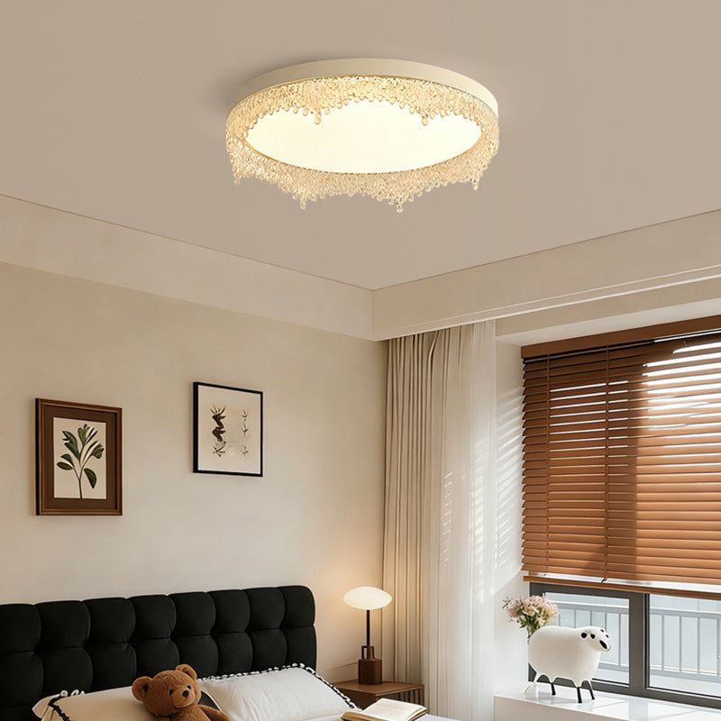 New chinoiserie walnut frame crystal water drop round led ceiling light accessible luxury bedroom master bedroom living room study