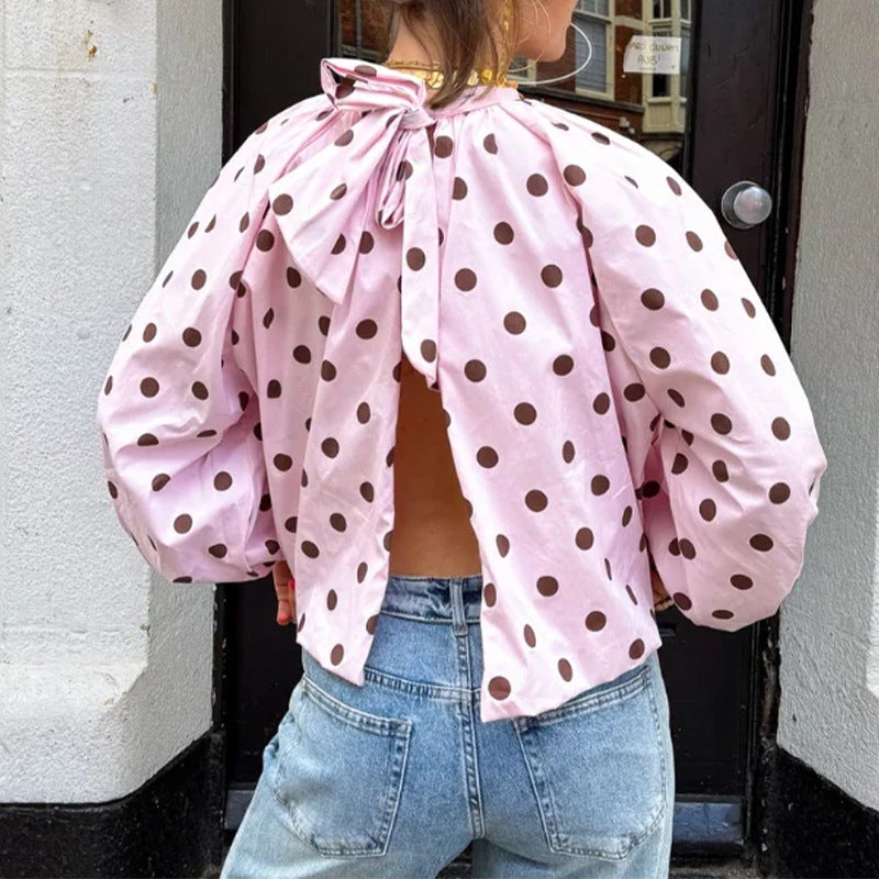 summer new women's clothing - cross-border  us & europe - fashion polka dot loose backless blouse top