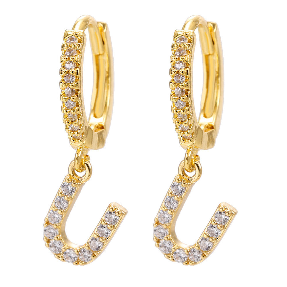 European and american gold-plated micro-paved zircon 26-letter initial pendant earrings - fashionable, unique, high-end, and chic hoop earrings with tassel detail