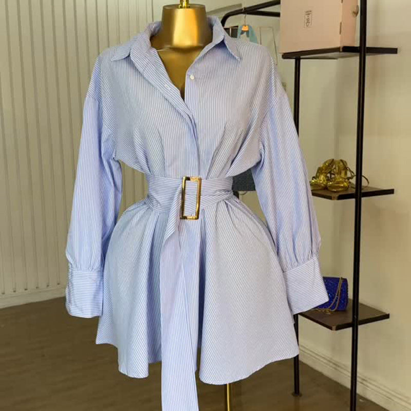 European and american cross-border women's fashion:  summer new collection - stylish, designer tie-strap blue striped long-sleeve shirt dress