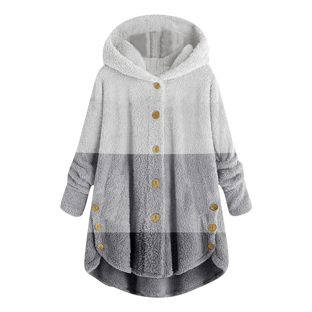 new fashion women's european and american button-down plush top color block multi-color hooded jacket