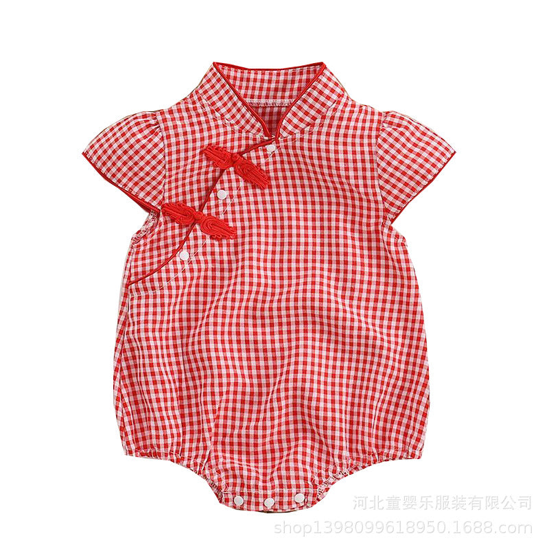 Newborn baby summer lightweight chic breathable outfit - baby girl's triangular cheongsam style flutter sleeve romper bodysuit