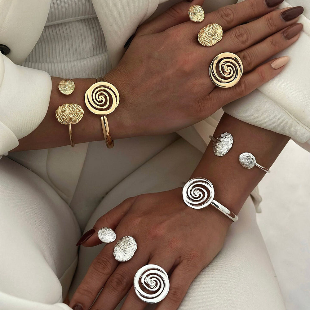 European and american cross-border fashion exaggerated irregular swirl design open ring alloy geometric spiral bracelet set for women