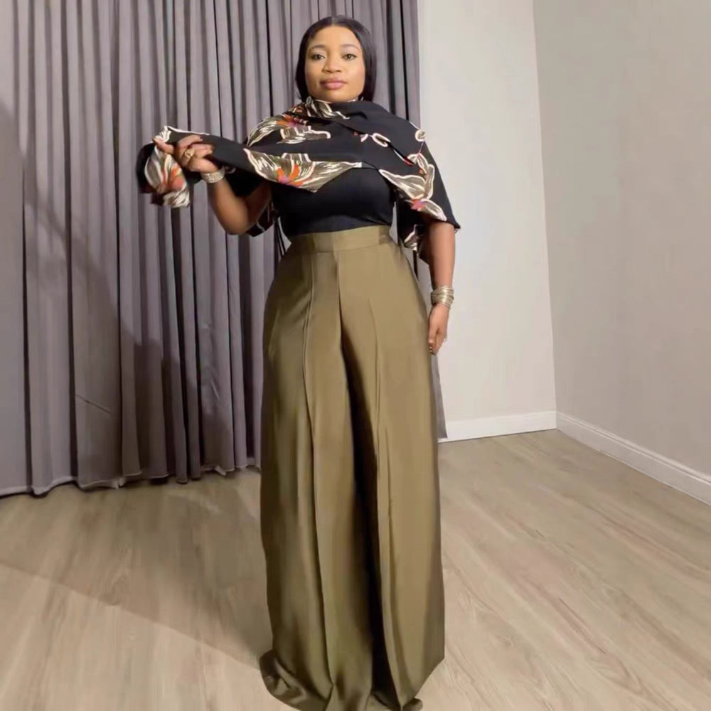 European and american cross-border women's clothing  summer new collection: casual plus size printed drawstring top and wide-leg pants set