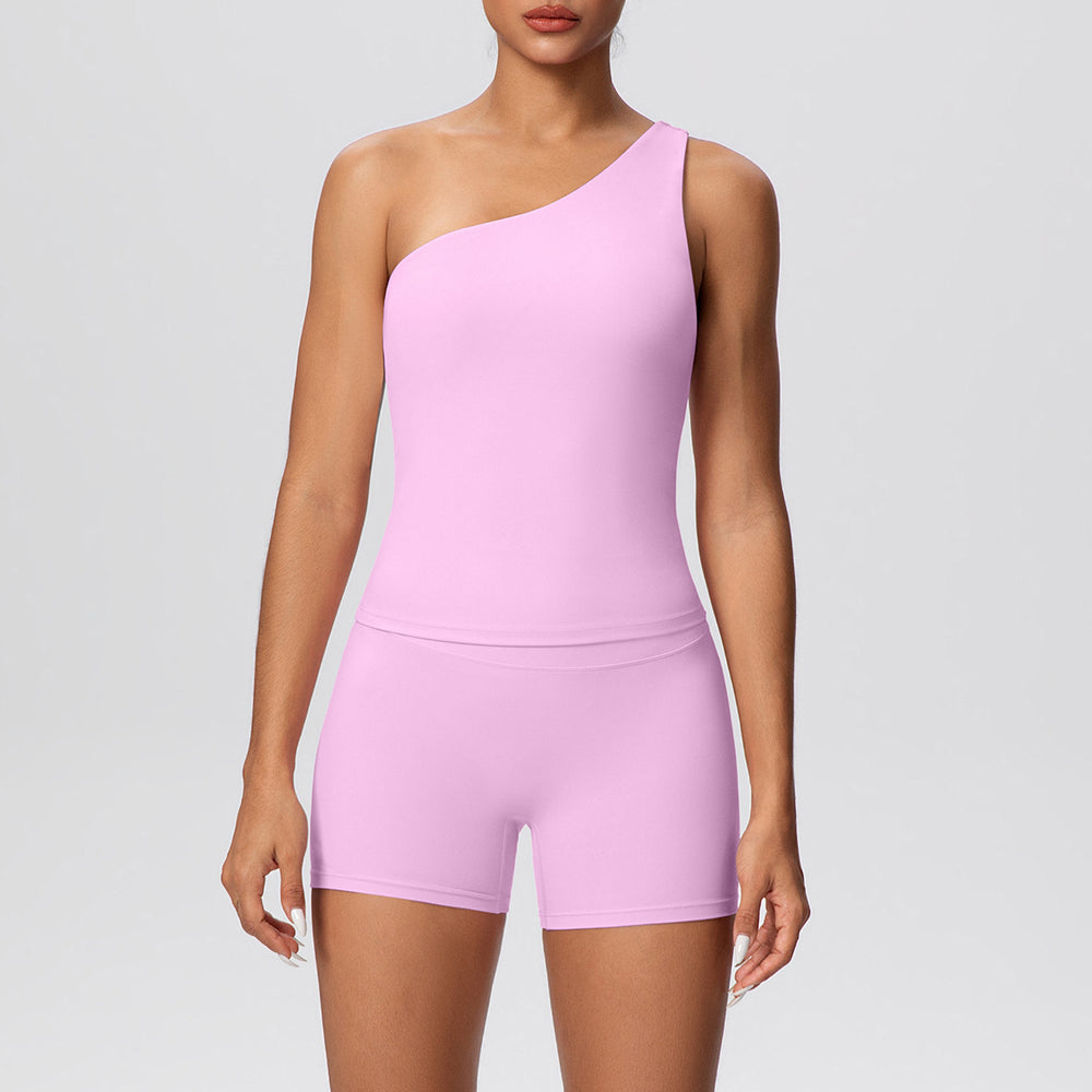 double-sided brushed nude tight one-shoulder vest shorts sports suit running fitness yoga wear two-piece set