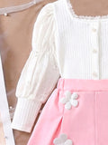 new autumn cross-border girls' square neck puff sleeve top + 3d floral hem butterfly shorts set