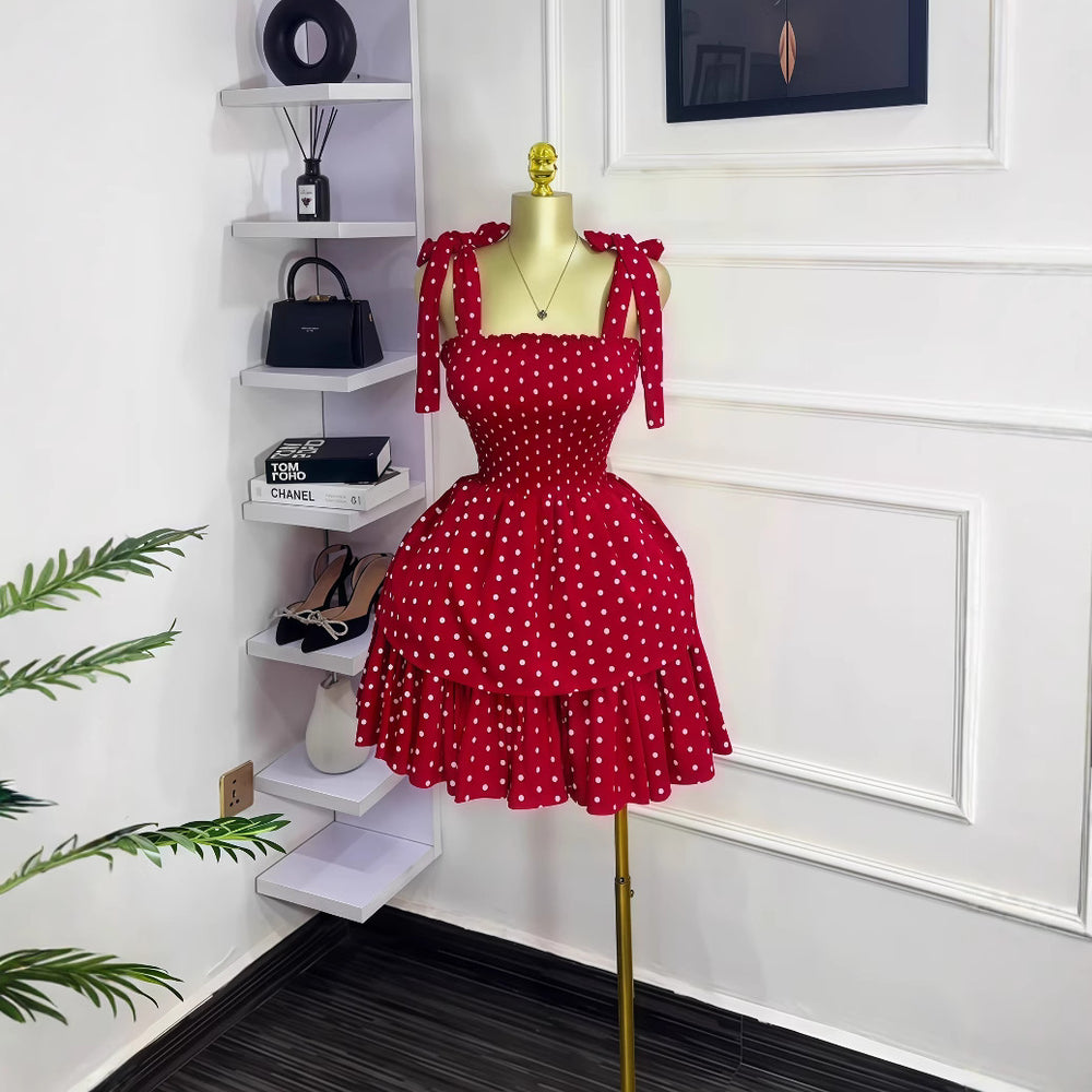 European and american cross-border women's fashion  summer new arrival: polka dot sleeveless butterfly tie waist puffy mini dress