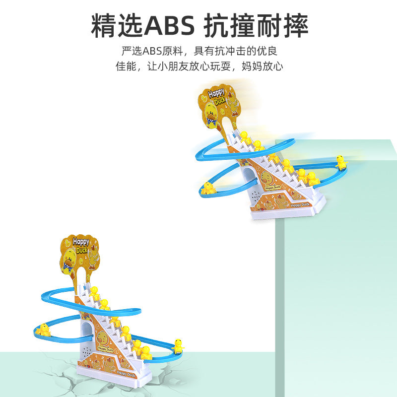 Influencer-approved little yellow duck climbing stairs educational electric track toy with slide for baby girls, boys, and toddlers