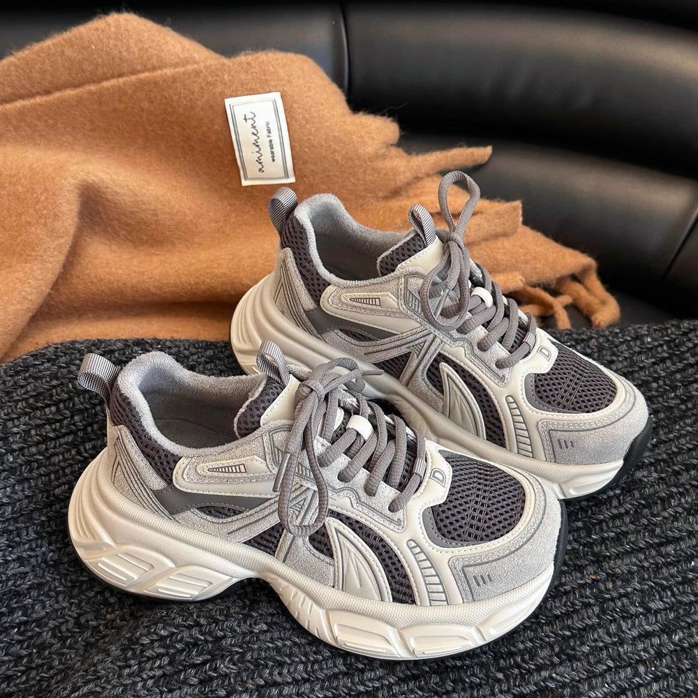 Mesh breathable chunky sole dad sneakers for women, new autumn 2026 collection, double strap lightweight height increasing athletic casual shoes