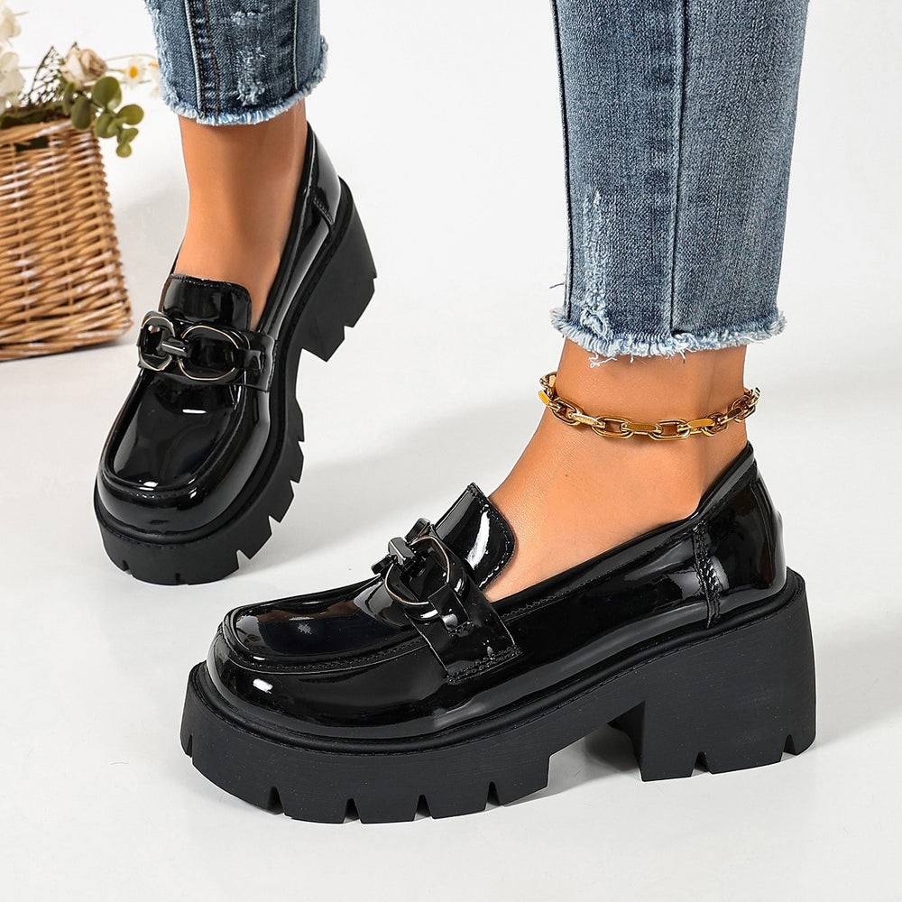 plus size high-heeled loafers  spring & fall new arrivalfashion metal chain thick sole slip-on leather shoes flats women