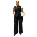 European and american cross-border african women's clothing  summer new arrival: elegant round neck rhinestone vest top and high-waisted pants set