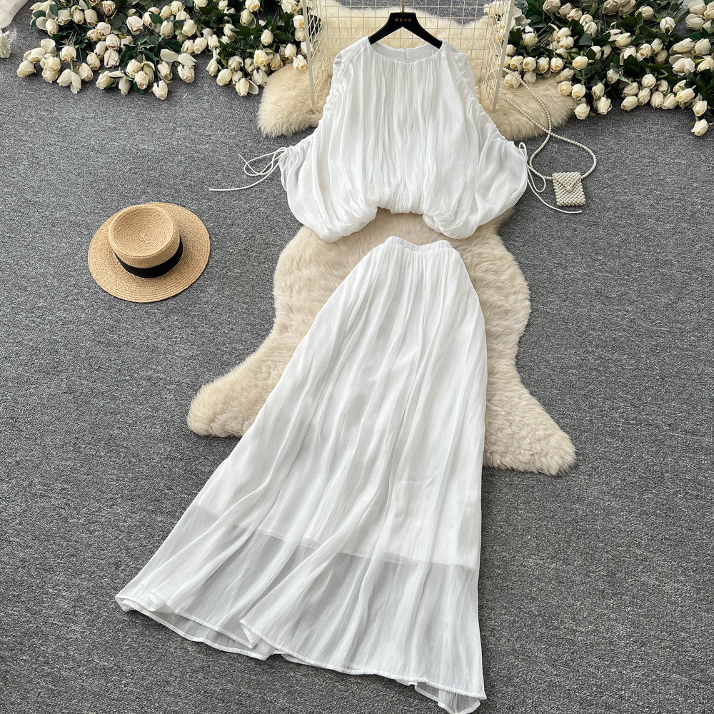 Vacation style pleated lantern sleeve shirt high waist skirt women's autumkorean style outfit pleatedeleganttwo-piece set