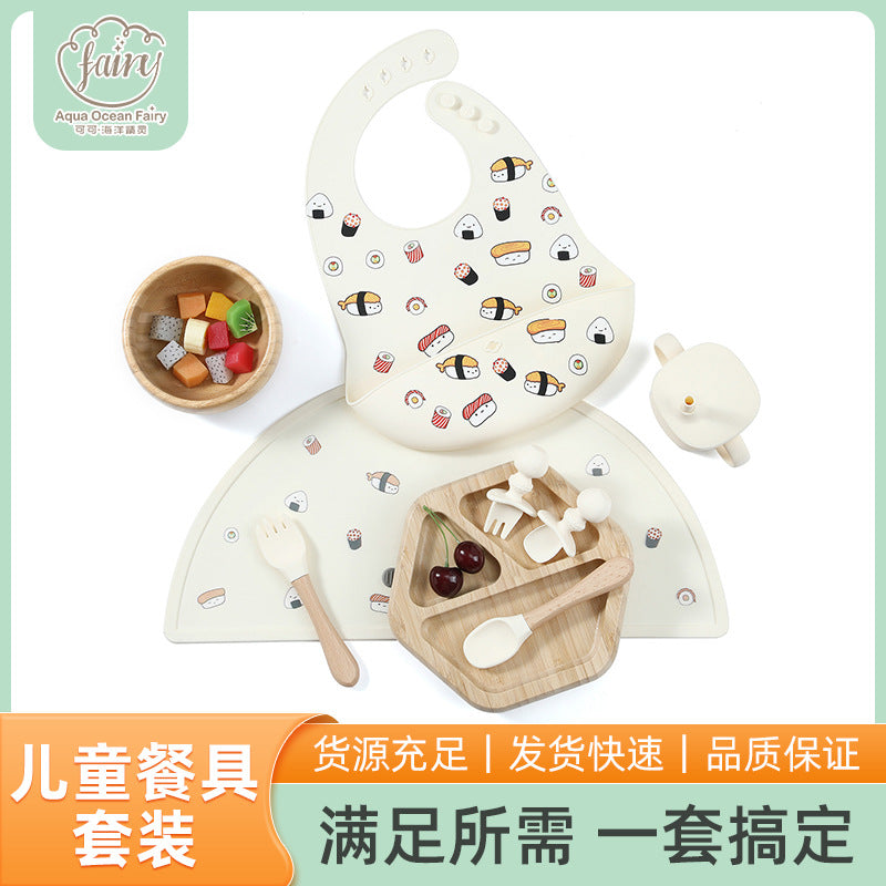 Cross-border hot-selling infants and young children eating complementary food silicone plate drinking water silicone feeding tableware seven-piece tableware set