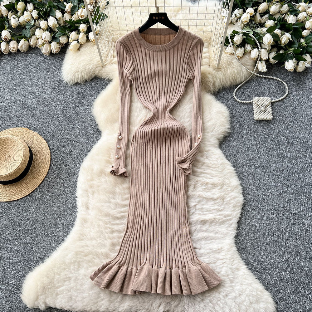 French chic high-end round neck metal buckle long sleeve dress - women's autumn slimming ruffle knit dress