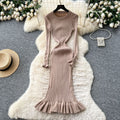 French chic high-end round neck metal buckle long sleeve dress - women's autumn slimming ruffle knit dress