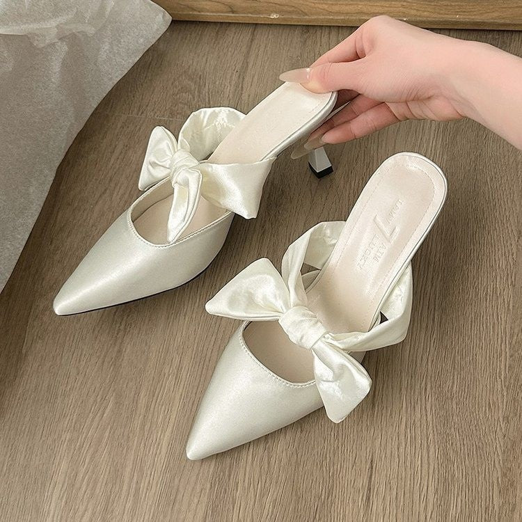 High heels for women 2025 spring and summer new arrivalfrench tweed style toe-cap half-pointed toe bowsoutwear slippers for women