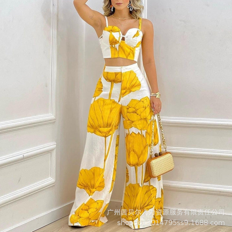 Spot  2023 European and American women's clothing  suspender printing set, trousers, set