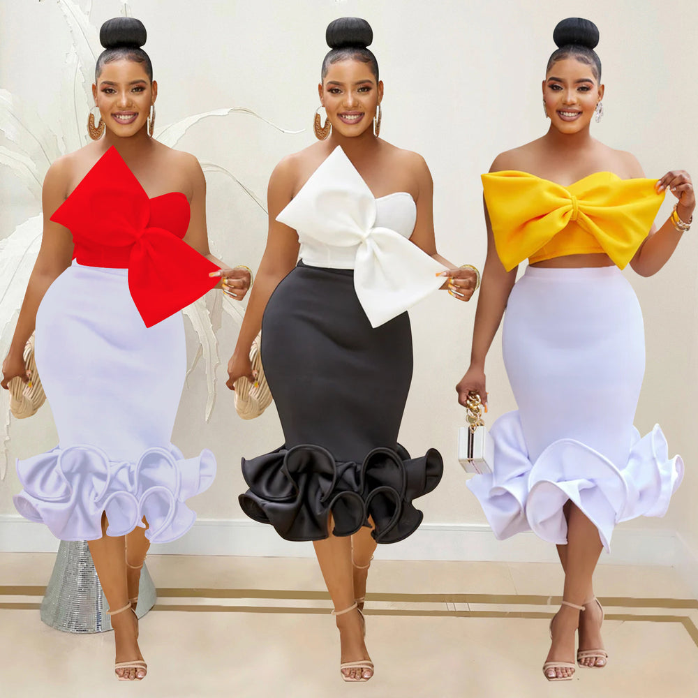 C6397 cross-border   fashion women's sleeveless bandeau bowknot bodycon skirt two-piece set