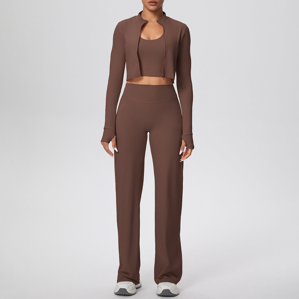 pure color brushed tight halter vest wide-leg long three-piece set sports running fitness yoga clothes suit