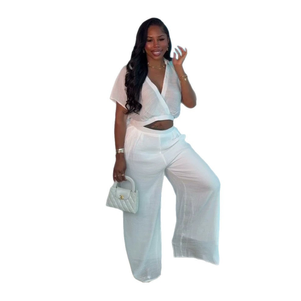 European and american cross-border african women's clothing  summer new casual fashion v-neck short sleeve shirt wide leg pants set