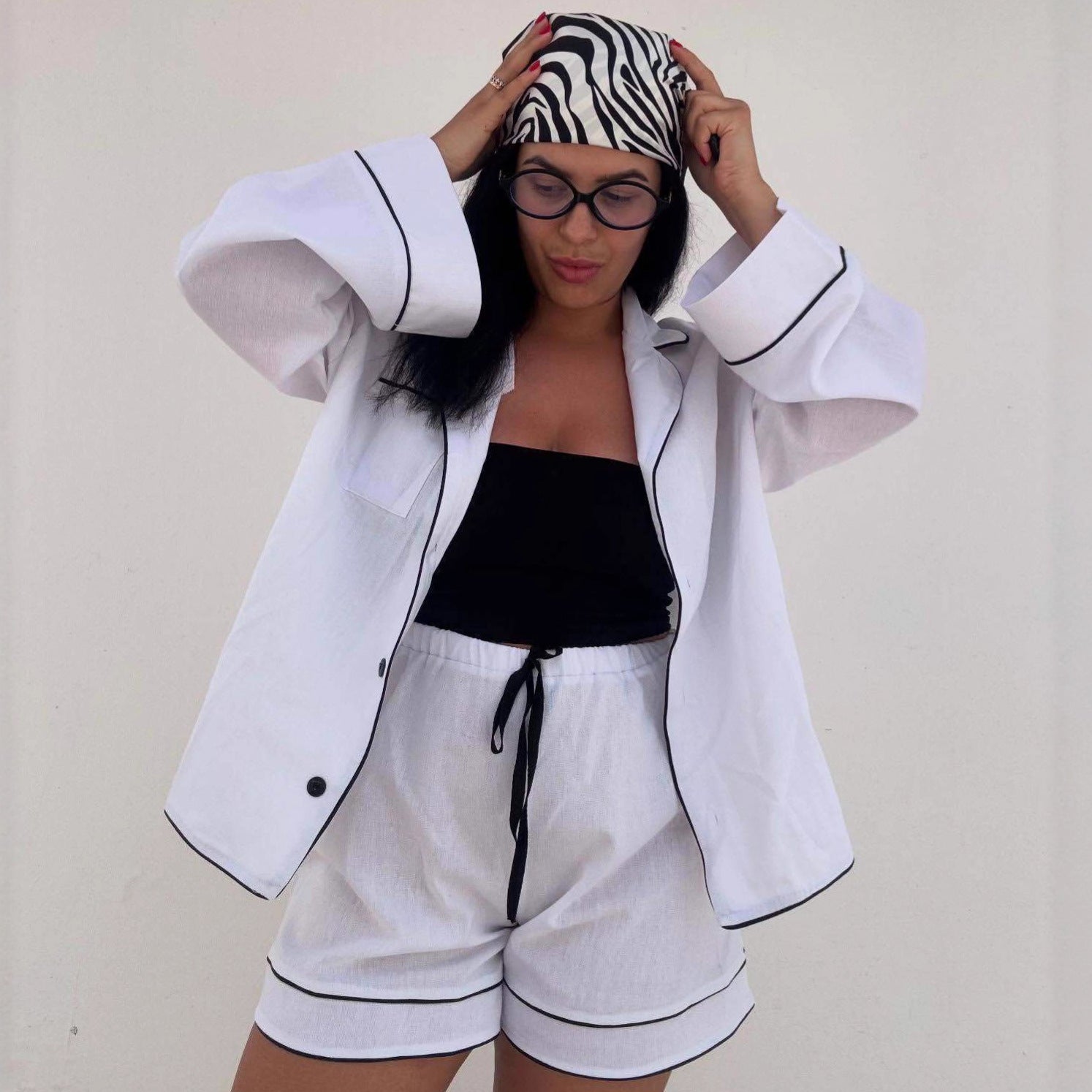 Cross-border European and American long-sleeved cardigan shirt high waist strap shorts set women's  foreign style casual women's two-piece set