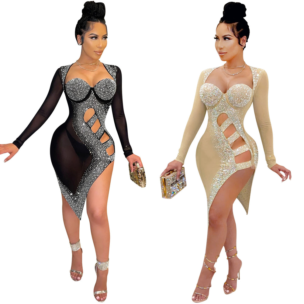X5207 cross-border new arrival: european and american fashion women's sexy nightclub cutout slit mesh see-through rhinestone dress
